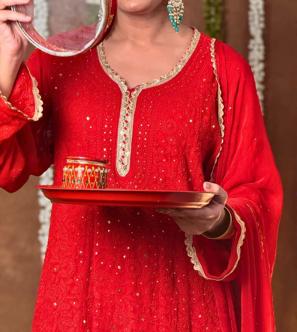 Red Premium Lucknow Chikankari Viscose Kurta, Palazzo & Dupatta Set with Mukaish and Lace Work