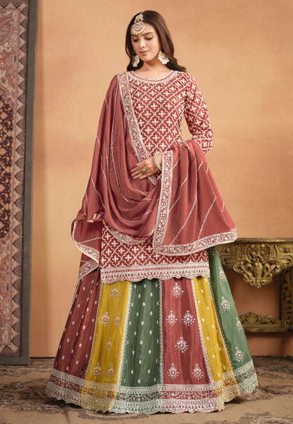 Dusty Pink Chinon Wedding Reception Lehenga Suit with Dupatta