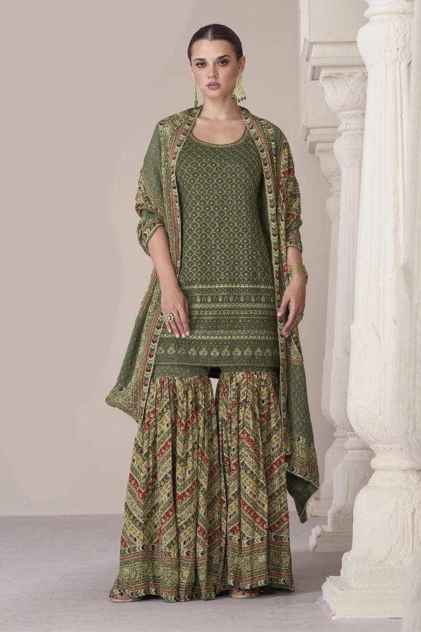 Green Silk Heavy Sequins & Swarovski Embroidered Peplum Suit with Sharara