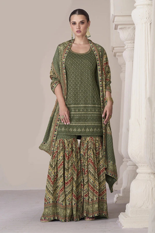 Green Silk Heavy Sequins & Swarovski Embroidered Peplum Suit with Sharara