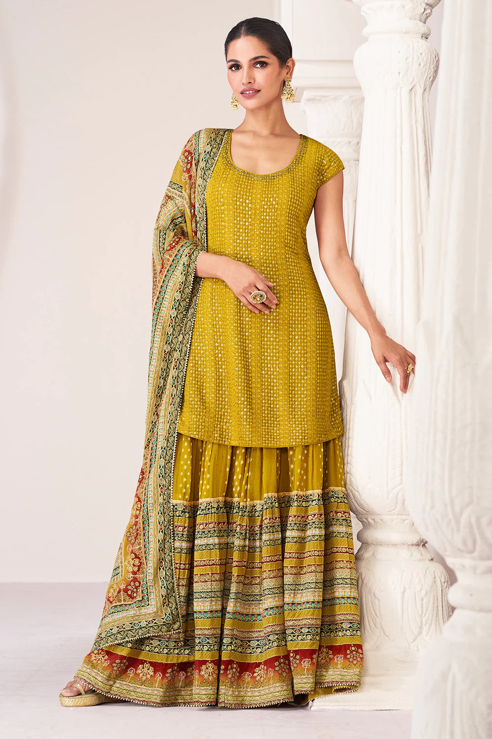 Yellow Silk Heavy Sequins & Swarovski Embroidered Peplum Suit with Sharara