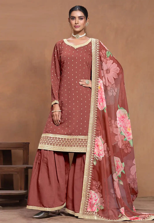 Brick Red Premium Gharara Salwar Suit with Floral Organza Dupatta