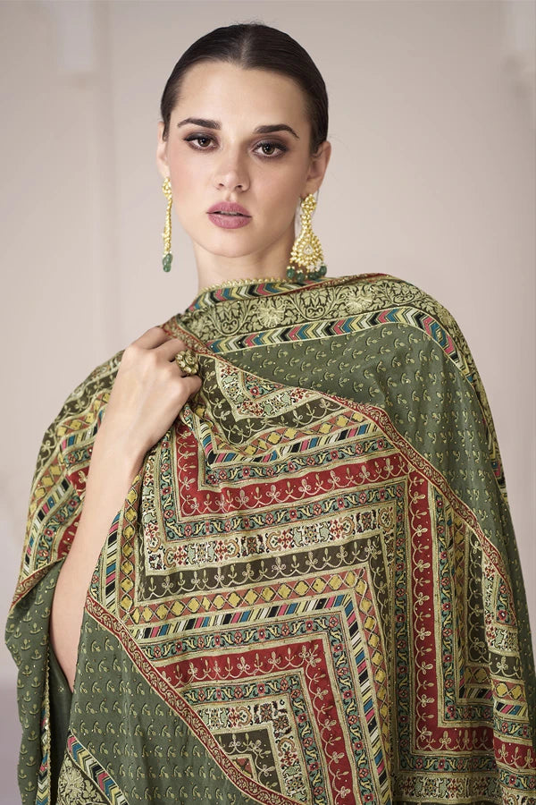 Green Silk Heavy Sequins & Swarovski Embroidered Peplum Suit with Sharara