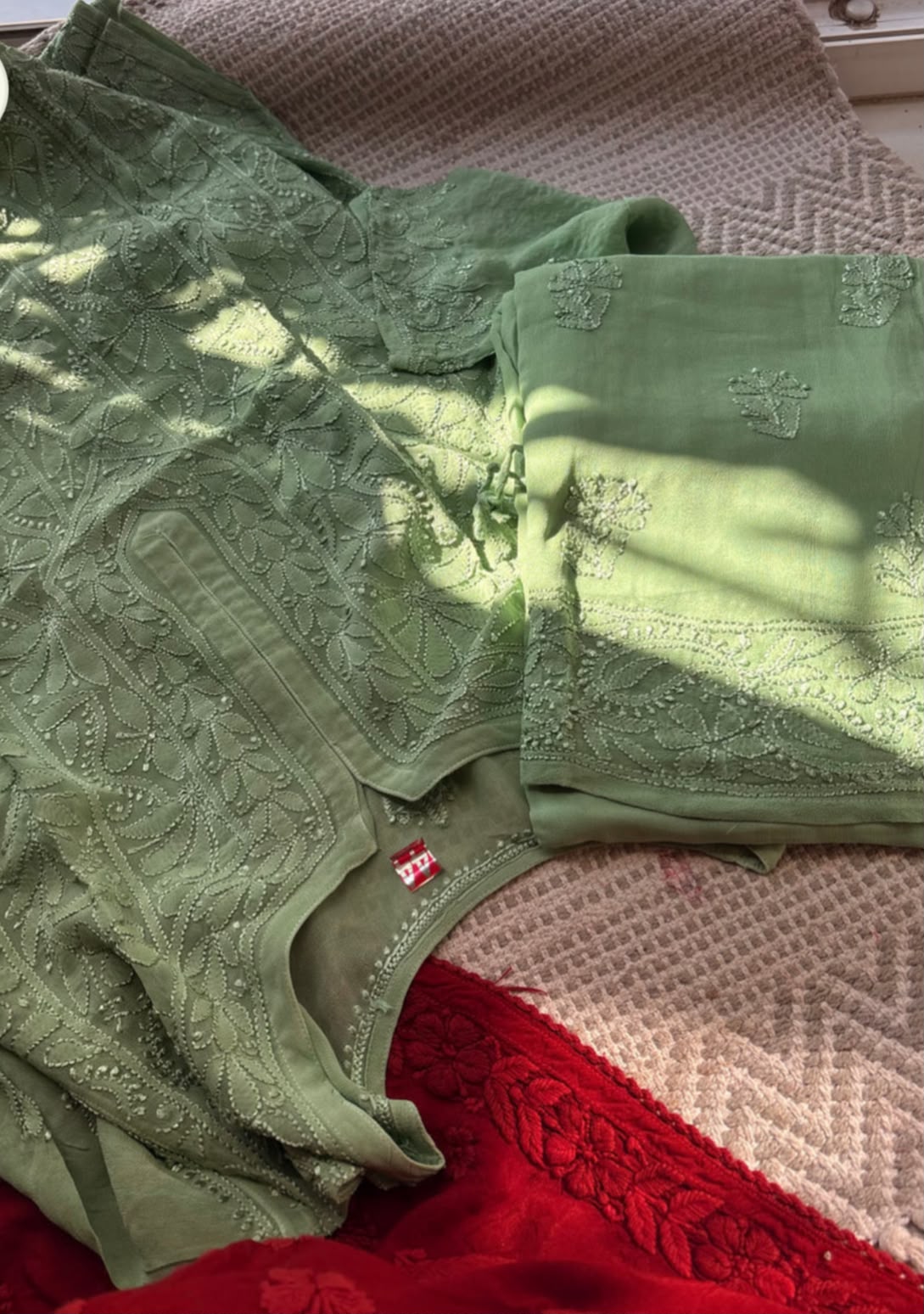 Premium Sage Green Resham Viscose Jaal Kurti, Palazzo & Dupatta Set (New)