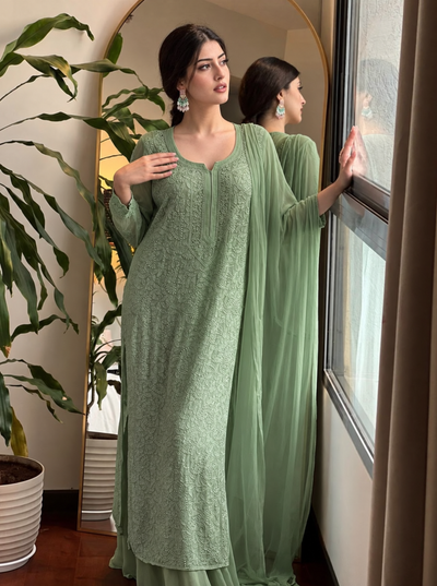Premium Sage Green Resham Viscose Jaal Kurti, Palazzo & Dupatta Set (New)