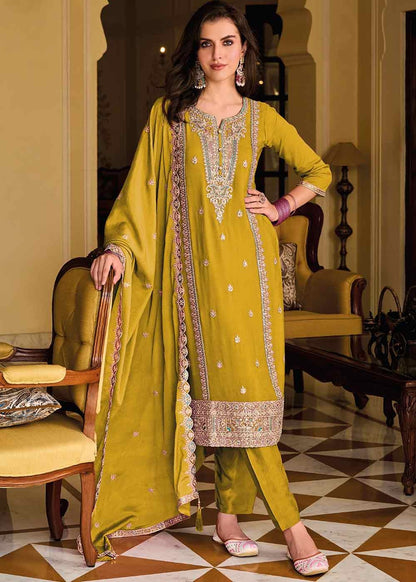 Mustard Yellow Luxe Embroidered Pakistani Salwar Kameez Set with Silk Bottom and Chinon