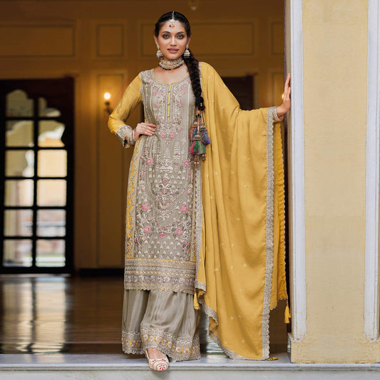 Grey-Yellow Chinon Silk Embroidered Palazzo Salwar Kameez Suit