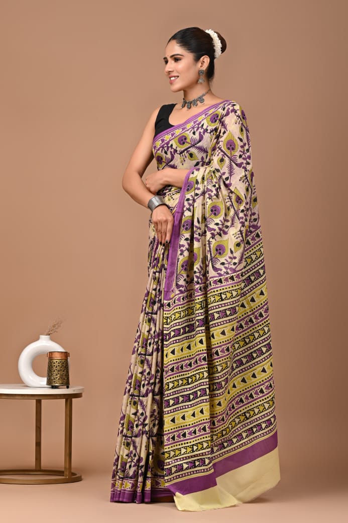 Purple Green Ajrakh Cotton Mul Handblock Print Saree with Ready-to-Wear Blouse Set