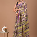 Purple Green Ajrakh Cotton Mul Handblock Print Saree with Ready-to-Wear Blouse Set