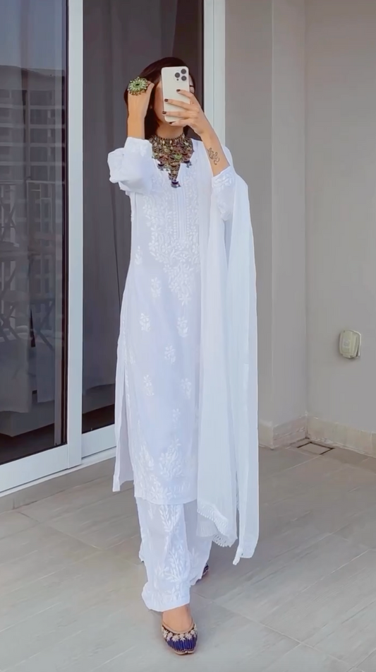 Elegant 3 pc White Ethereal Dyeble Modal Chikankari Kurta Set