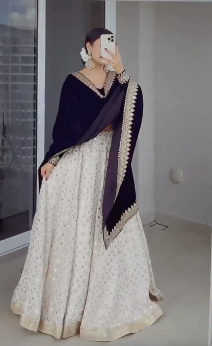 White Black Party Wear Bridesmaid Lehenga with Velvet Choli and Dupatta (Best Seller)