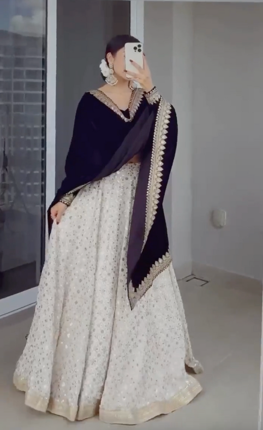 White Premium Party Wear Bridesmaid Lehenga with Velvet Choli and Dupatta