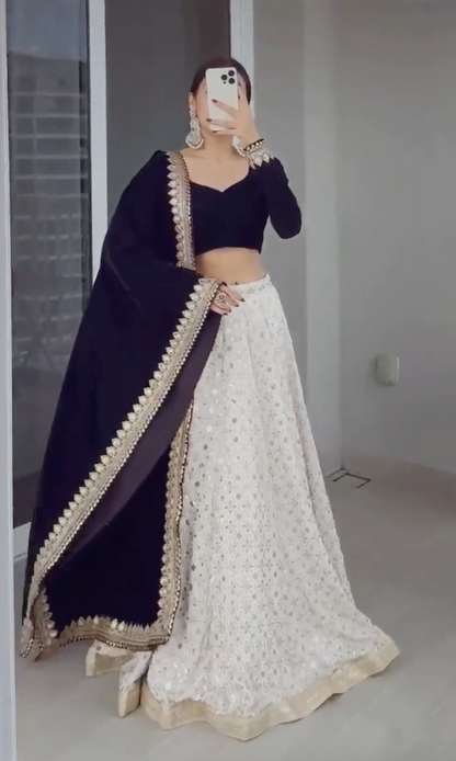 White Black Party Wear Bridesmaid Lehenga with Velvet Choli and Dupatta (Best Seller)