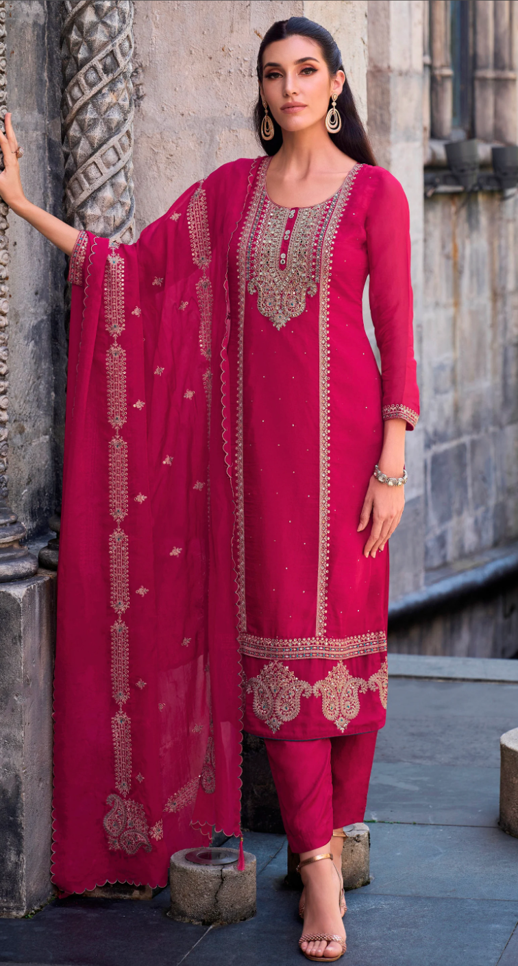 Pink Exquisite Embroidered Silk Palazzo Suit with Bandhani Dupatta – Wedding & Eid Special