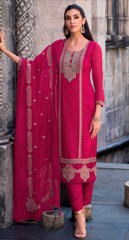 Pink Exquisite Embroidered Silk Palazzo Suit with Bandhani Dupatta – Wedding & Eid Special