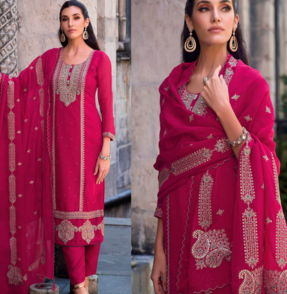 Pink Exquisite Embroidered Silk Palazzo Suit with Bandhani Dupatta – Wedding & Eid Special