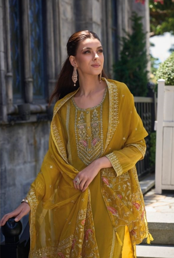 Mustard Embroidered Silk Palazzo Suit with Bandhani Dupatta – Wedding & Eid Special