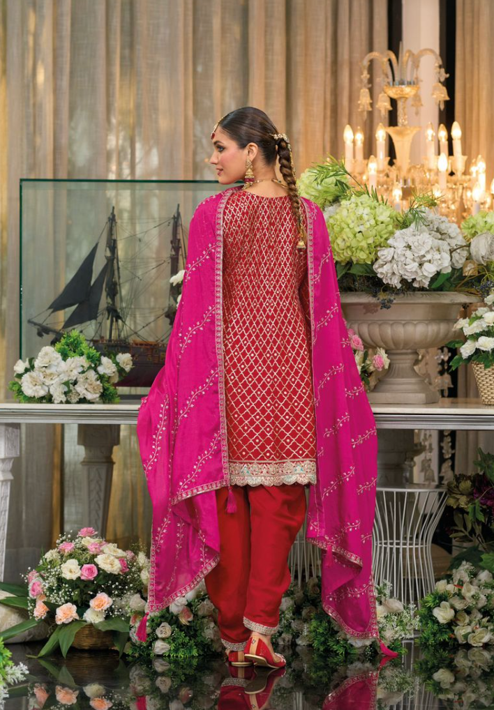 Red Premium Chinon Dhoti Style Salwar Kameez Dupatta Set with Embroidery