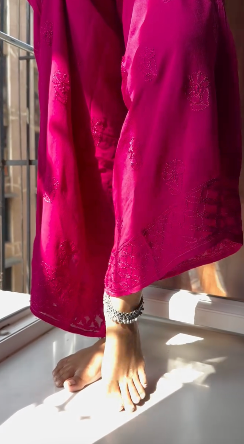 Deep Pink Elegant Viscose Lucknow Chikankari Handwork Ensemble (New)