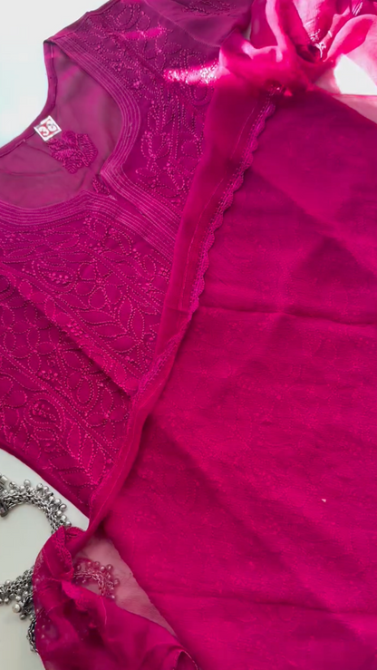 Deep Pink Elegant Viscose Lucknow Chikankari Handwork Ensemble (New)