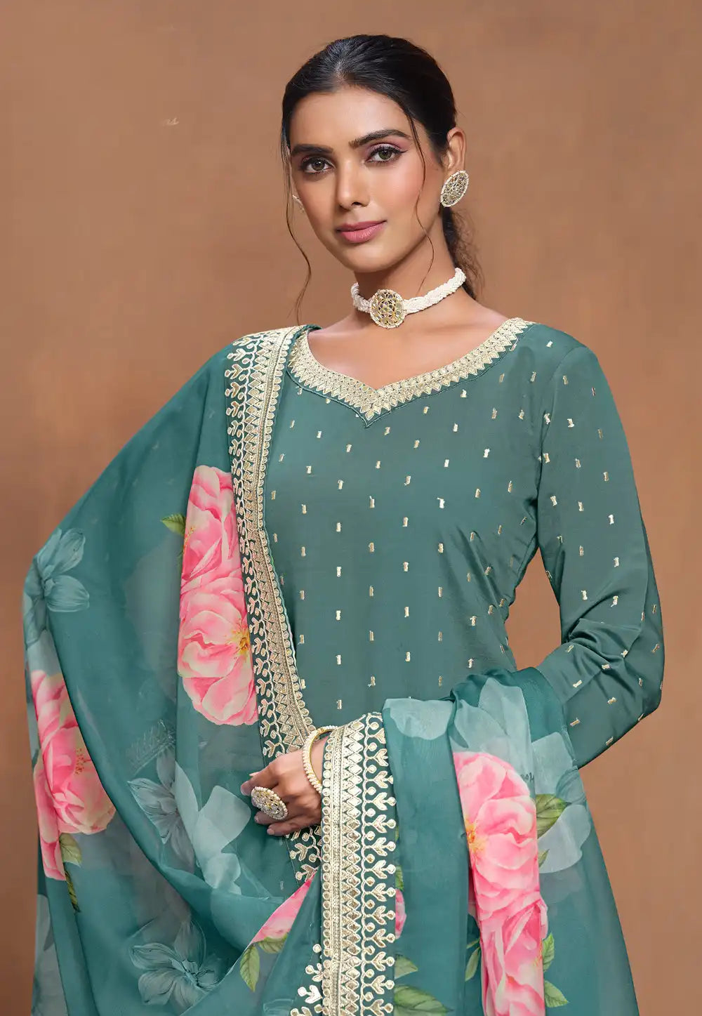 Teal Green Premium Gharara Salwar Suit with Floral Organza Dupatta