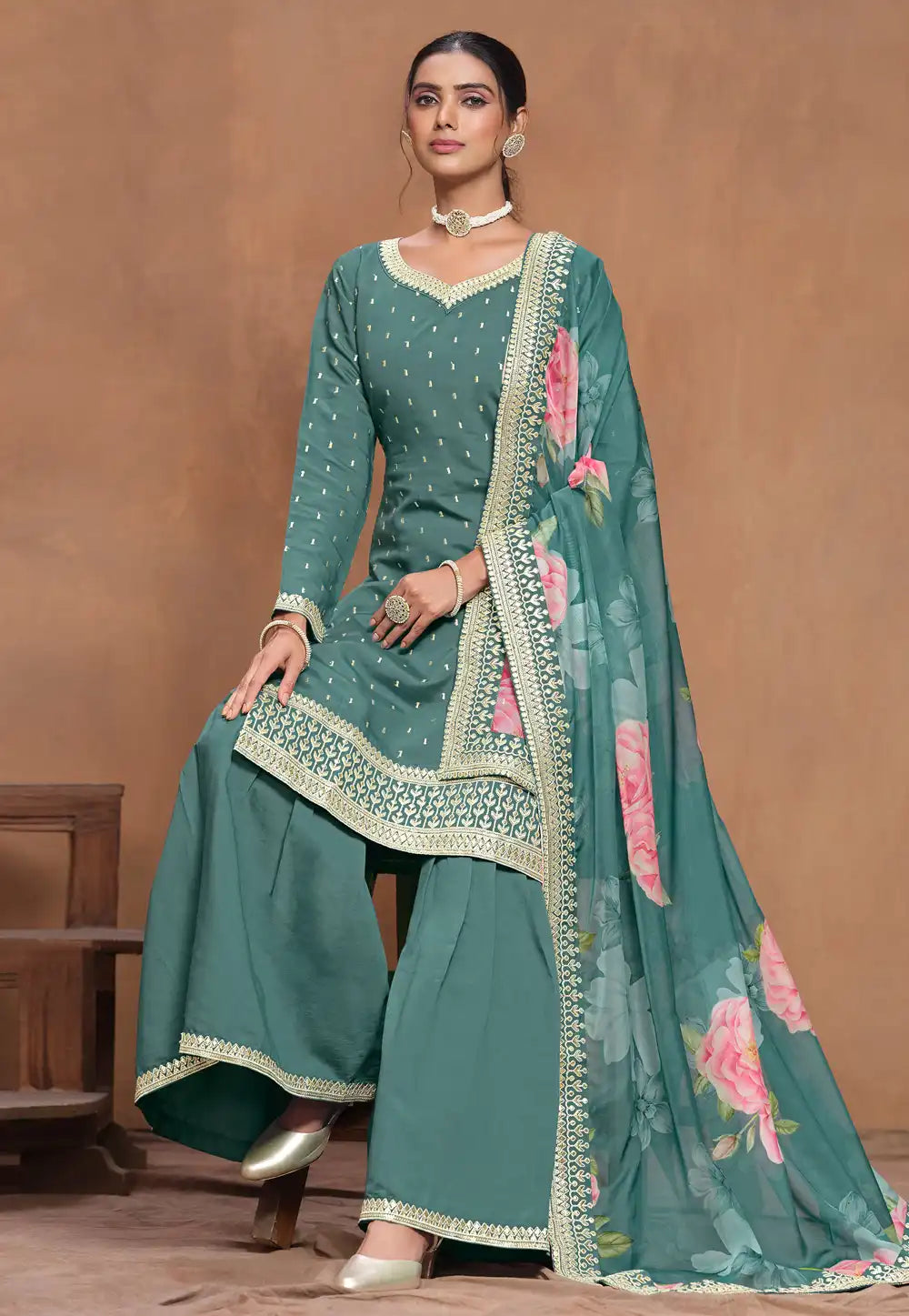 Teal Green Premium Gharara Salwar Suit with Floral Organza Dupatta