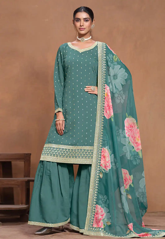 Teal Green Premium Gharara Salwar Suit with Floral Organza Dupatta