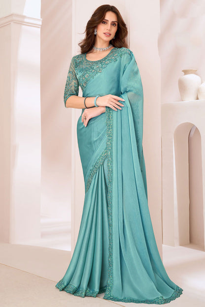 Sea Green Elegant Party Wear Georgette Saree with Embroidered Banglori Silk Blouse