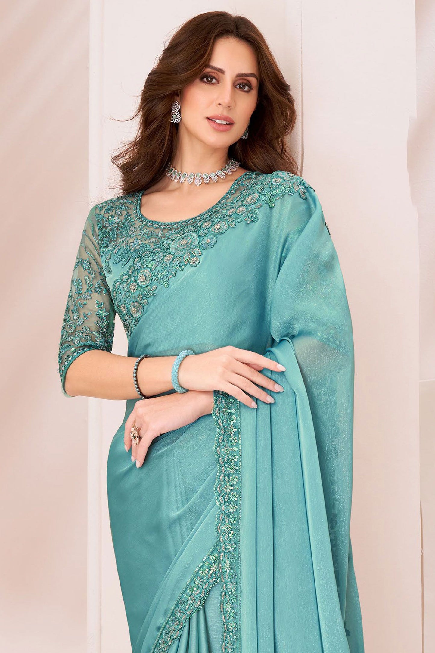 Sea Green Elegant Party Wear Georgette Saree with Embroidered Banglori Silk Blouse