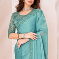 Sea Green Elegant Party Wear Georgette Saree with Embroidered Banglori Silk Blouse