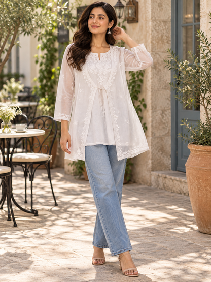 White Mul Kota Doria Chikankari Shrug with Mulmul Inner