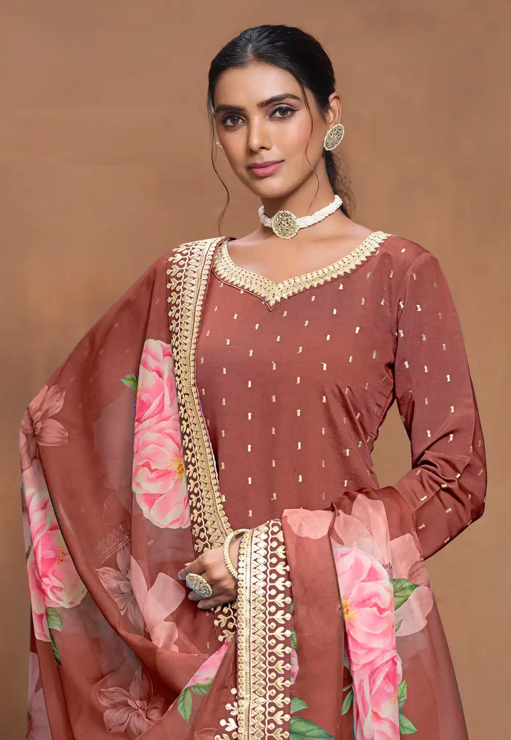 Brick Red Premium Gharara Salwar Suit with Floral Organza Dupatta