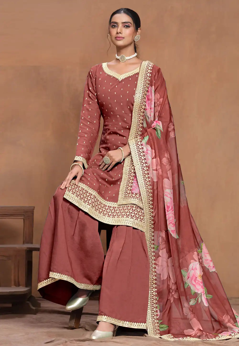 Brick Red Premium Gharara Salwar Suit with Floral Organza Dupatta