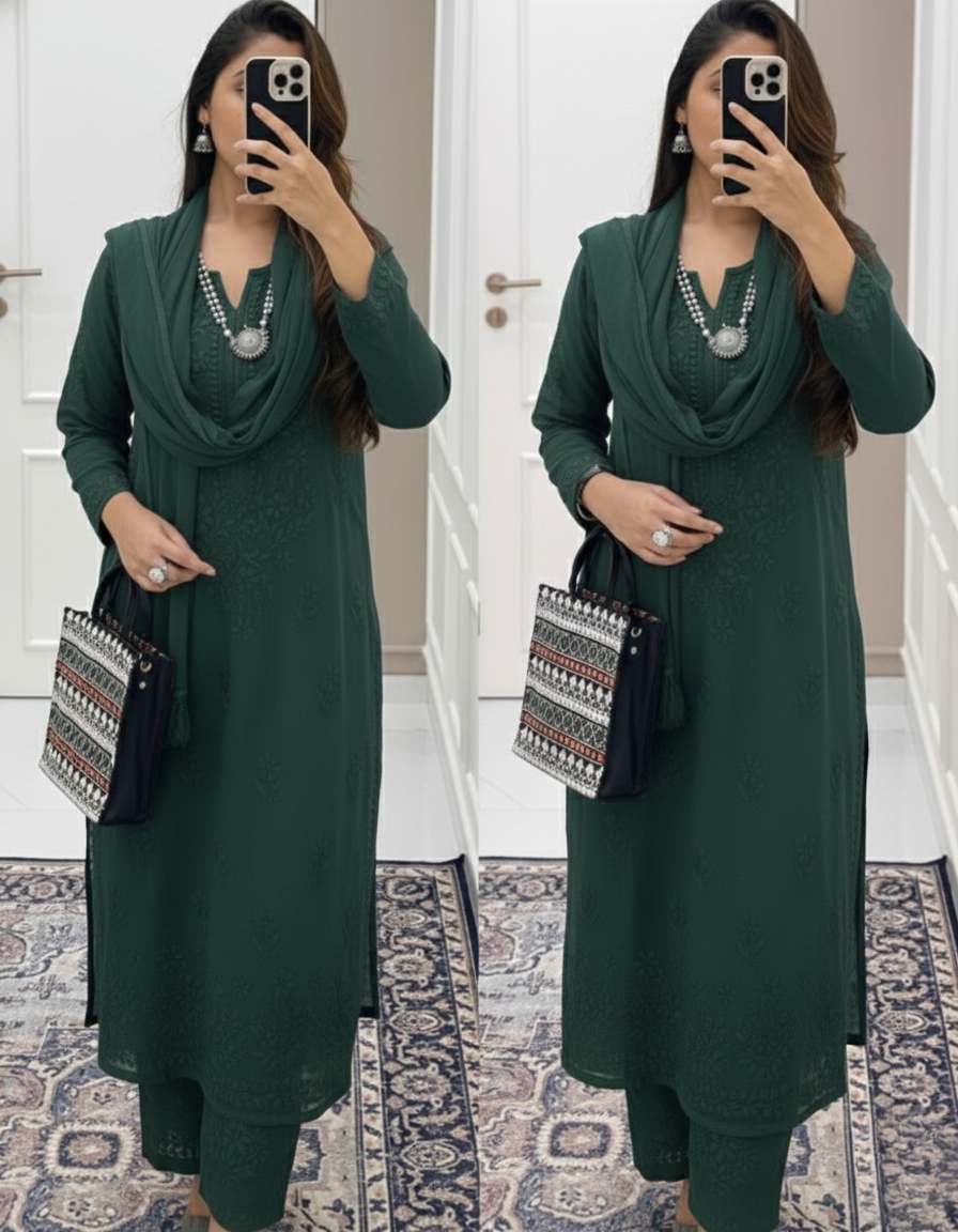 Smoked Emerald Ethereal Dyeable Modal Chikankari Kurta Set (New)