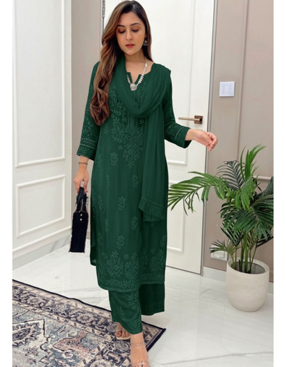 Smoked Emerald Ethereal Dyeable Modal Chikankari Kurta Set (New)