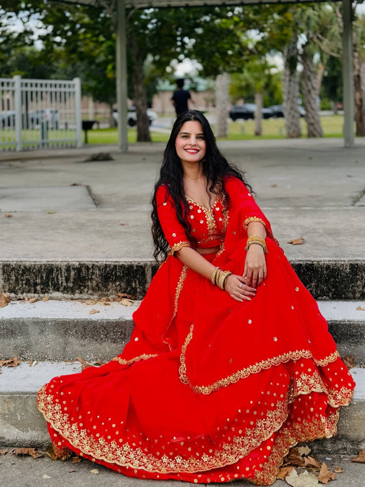 Red Ready-to-Wear Double Layer Lehenga Choli for Women