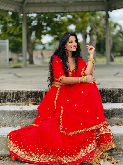 Red Ready-to-Wear Double Layer Lehenga Choli for Women