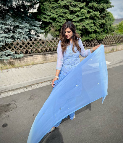 Blue Chikankari Elegance Ombré Mirror Booti Jaal Set - Kurti, Sharara & Dupatta