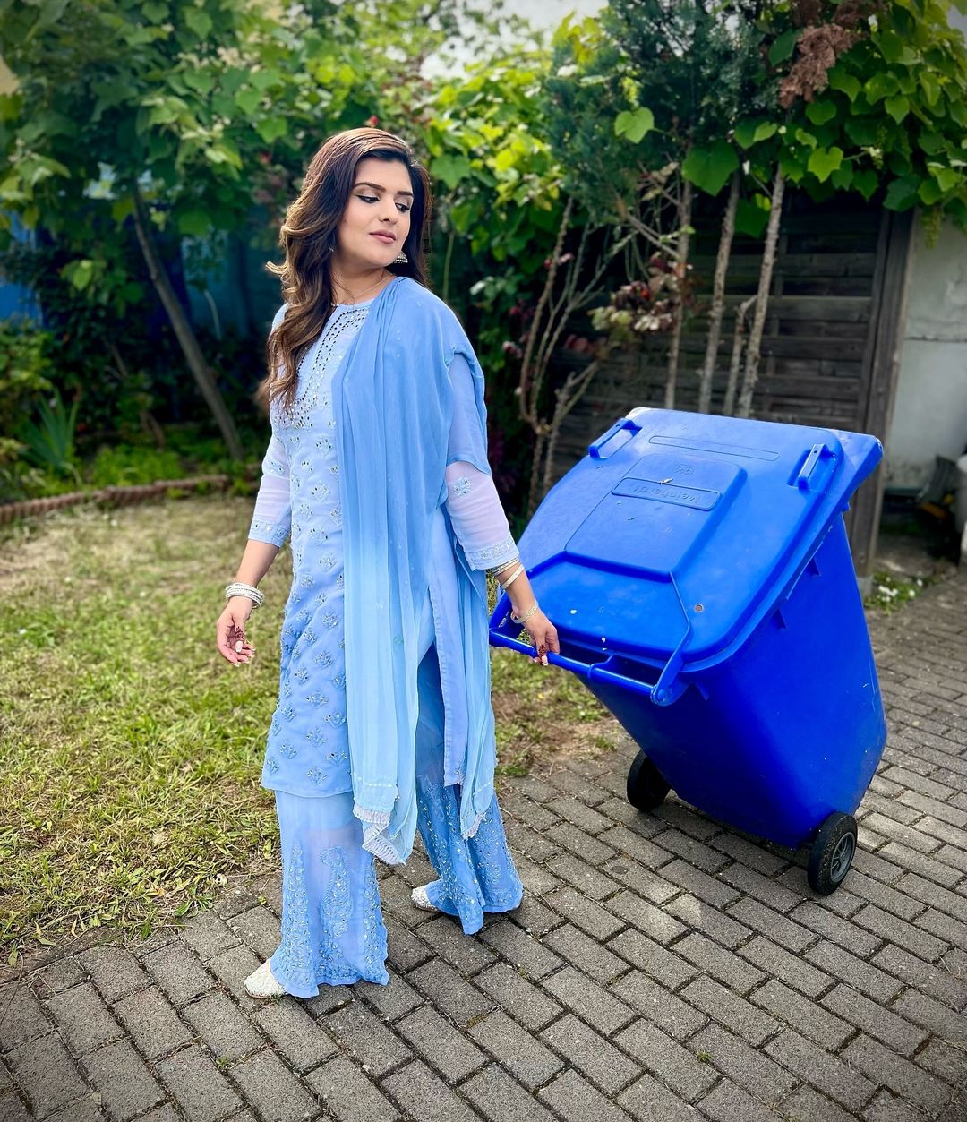 Blue Chikankari Elegance Ombré Mirror Booti Jaal Set - Kurti, Sharara & Dupatta