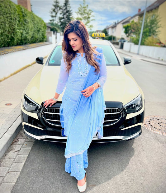 Blue Chikankari Elegance Ombré Mirror Booti Jaal Set - Kurti, Sharara & Dupatta