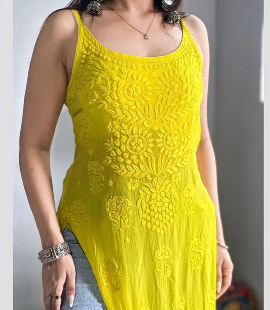 Premium Yellow Viscose Sleeveless Short Kurti