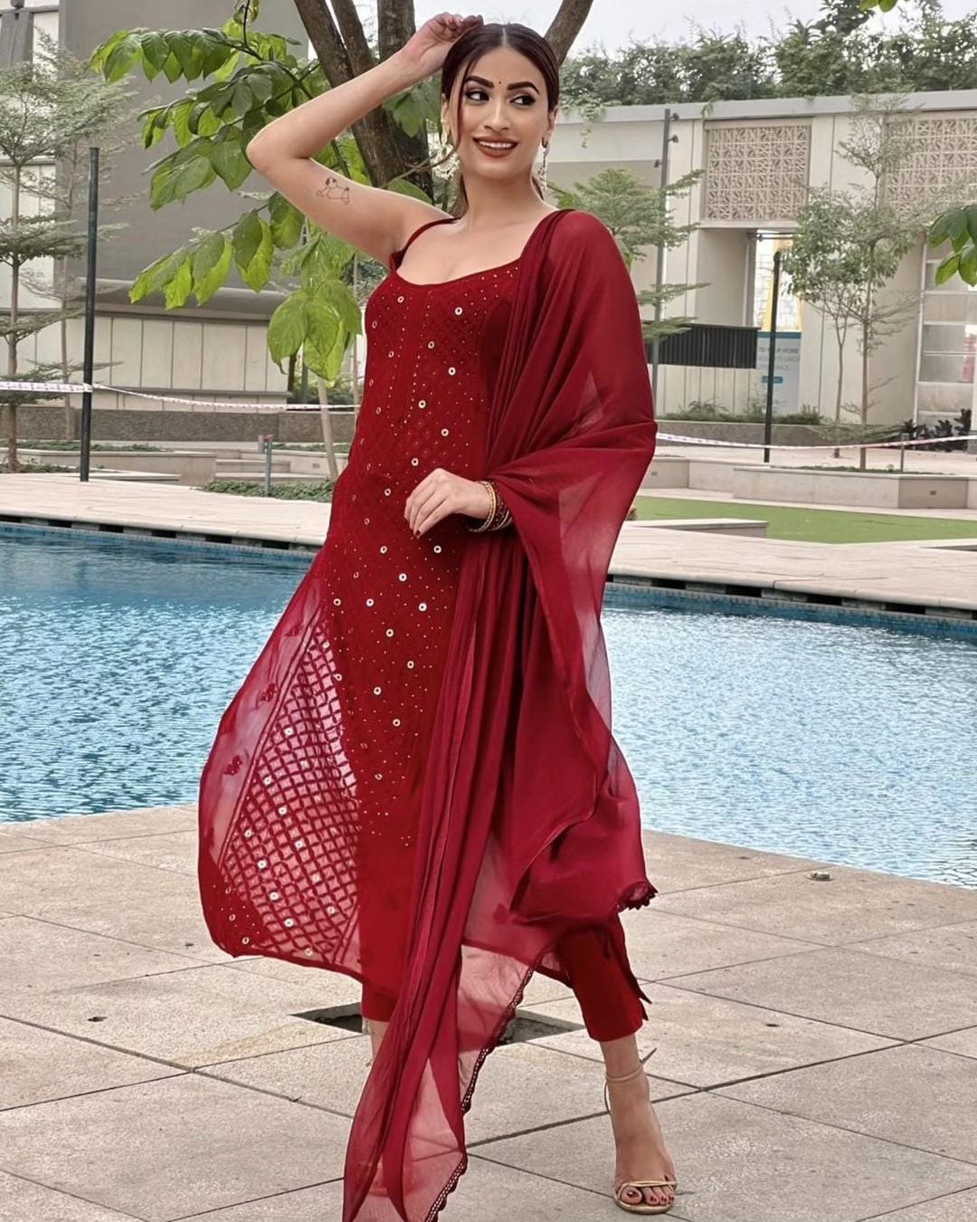 Maroon Luxe Viscose Ring Work Jaal Lucknow Chikankari Kurti and Pant Set with Dupatta