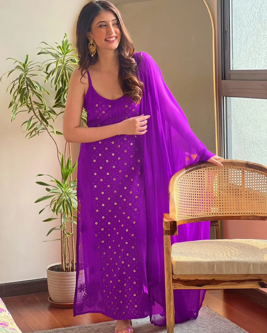 Purple Luxe Viscose Ring Work Jaal Lucknow Chikankari Kurti and Pant Set with Dupatta