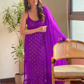 Purple Luxe Viscose Ring Work Jaal Lucknow Chikankari Kurti and Pant Set with Dupatta