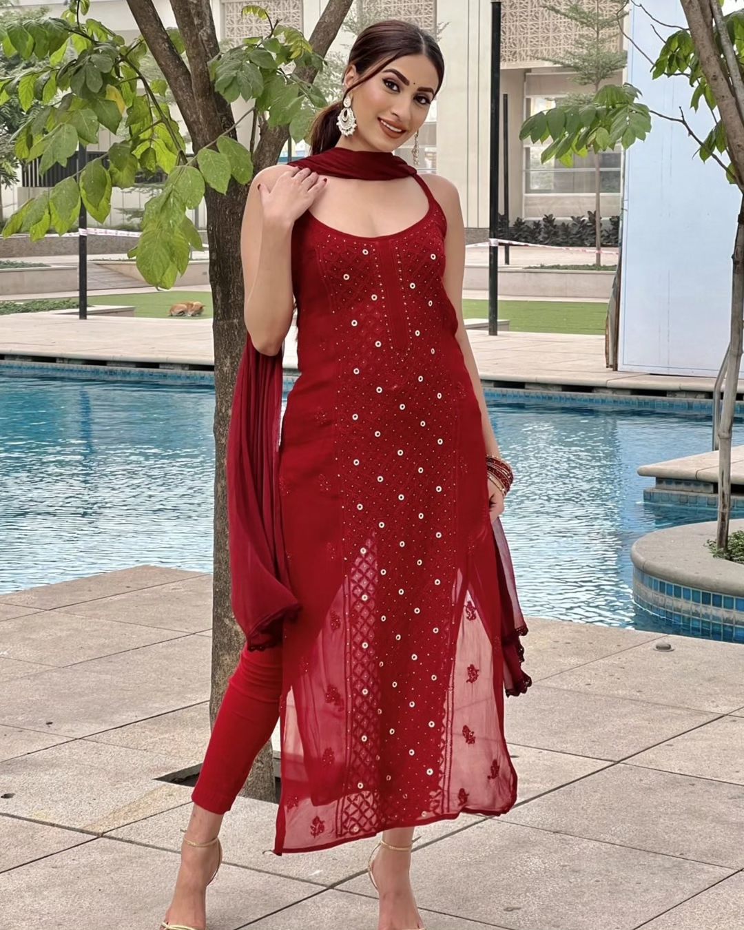 Maroon Luxe Viscose Ring Work Jaal Lucknow Chikankari Kurti and Pant Set with Dupatta