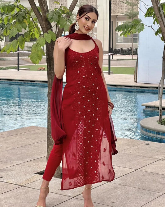 Maroon Luxe Viscose Ring Work Jaal Lucknow Chikankari Kurti and Pant Set with Dupatta