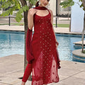 Maroon Luxe Viscose Ring Work Jaal Lucknow Chikankari Kurti and Pant Set with Dupatta