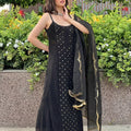 Black Luxe Viscose Ring Work Jaal Lucknow Chikankari Kurti and Pant Set with Dupatta