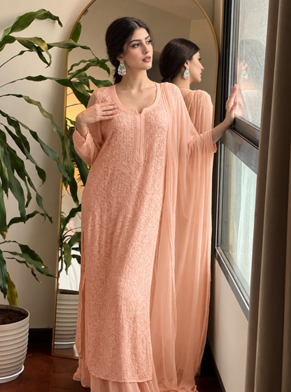 Premium Soft Peach Resham Viscose Jaal Kurti, Palazzo & Dupatta Set (New)