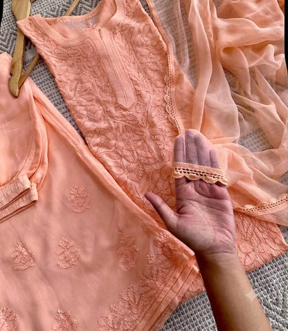 Premium Soft Peach Resham Viscose Jaal Kurti, Palazzo & Dupatta Set (New)